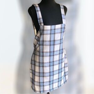 Miami Plaid Overall Mini Bib  Jumper Dress Blue & White Womens Size Larg…